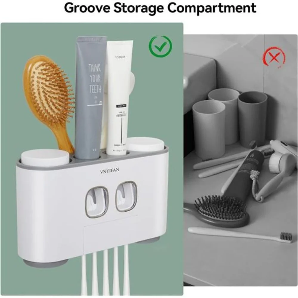 Toothbrush Holders with Toothpaste Dispenser Wall Mounted for Bathroom-4 Cups